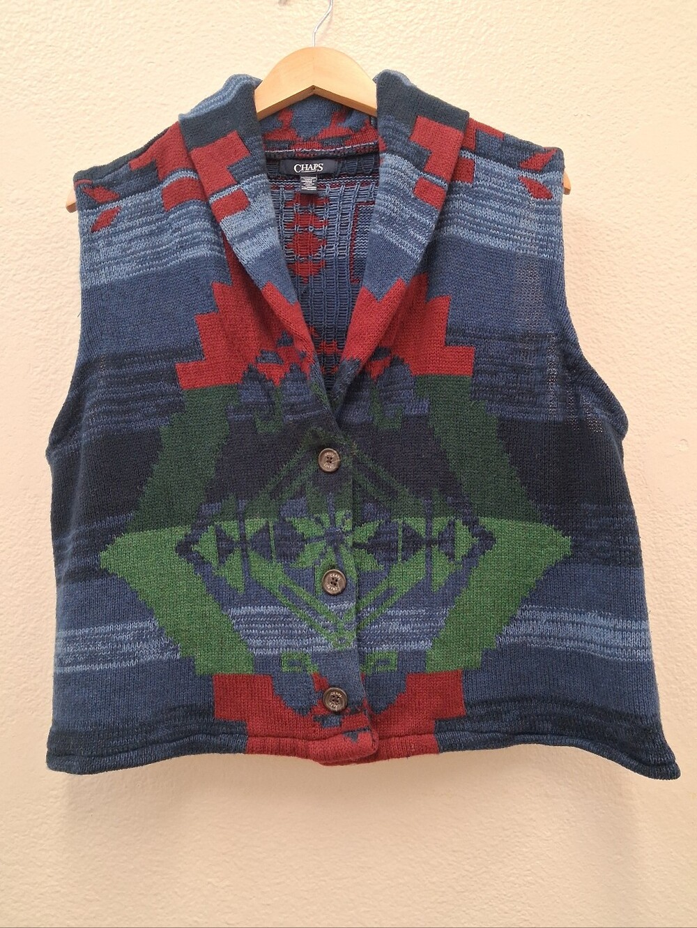 Chaps Women’s Sweater Vest 2XLarge Blue Shawl Collar Aztec Native Southwestern